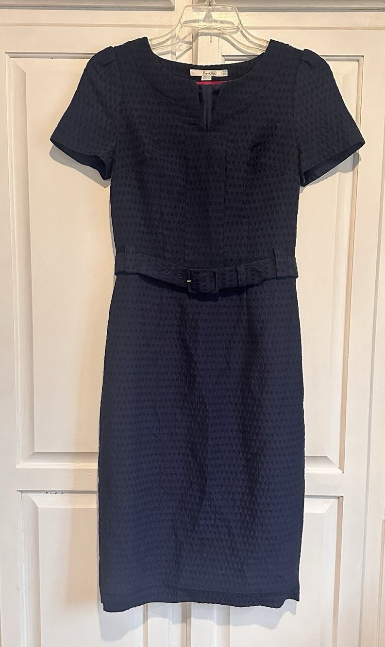 Boden Size 4 Pencil Dress Belted Midi Swiss Dots Navy Blue Classic Preppy
